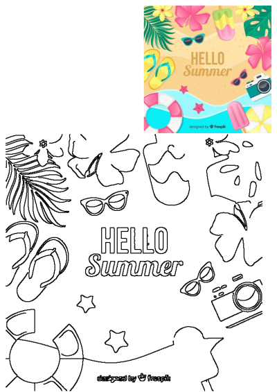 Hello Summer beach scene with vibrant tropical elements like flowers, leaves, sunglasses, flip-flops, camera, and lifebuoy, plus line art.