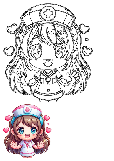 Cute Kawaii Nurse Character Redubble, featuring both a line art and a vibrant colored version of the adorable nurse with hearts.