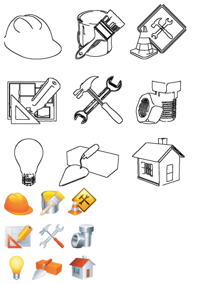 Various construction tools and building elements like hard hats, wrenches, and houses, shown as outlines and vibrant clipart icons for arts and crafts.