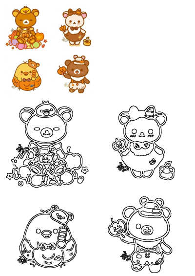 Cute Halloween Rilakkuma bear and friends, Korilakkuma, Kiiroitori, in various pumpkin and candy themed costumes. Both colored and outline art.