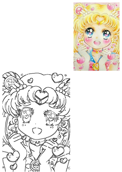 A vibrant anime drawing of Sailor Moon with blonde hair and blue eyes, featuring hearts, alongside its black and white line art.