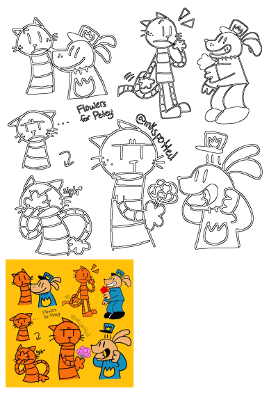 Playful cartoon sketches and a colored scene of Dog Man offering flowers to Petey the Cat on a vibrant yellow background.