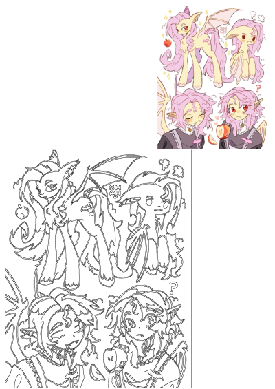 Anime characters with pink hair, bat wings, and fangs, shown as both pony-like creatures and humanoids, some holding apples.