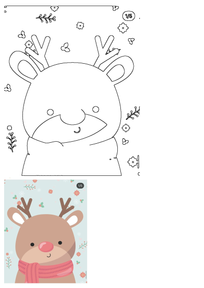 Cute cartoon reindeer with a cozy scarf, shown as a black outline and a colorful illustration with a gentle blue floral background.