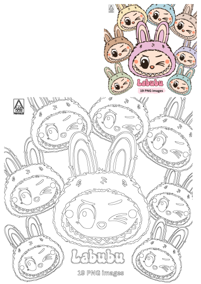 Download Labubu bunny characters with cute winking faces and bunny ears. Includes 19 vibrant PNG and outline printables.
