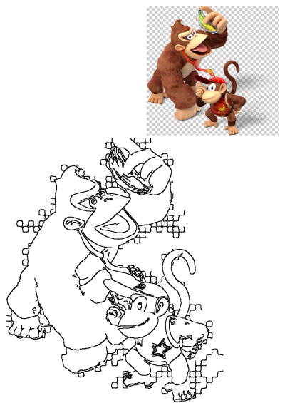 Animated artwork of Donkey Kong with a banana and Diddy Kong, alongside a detailed line art outline of the famous video game duo.