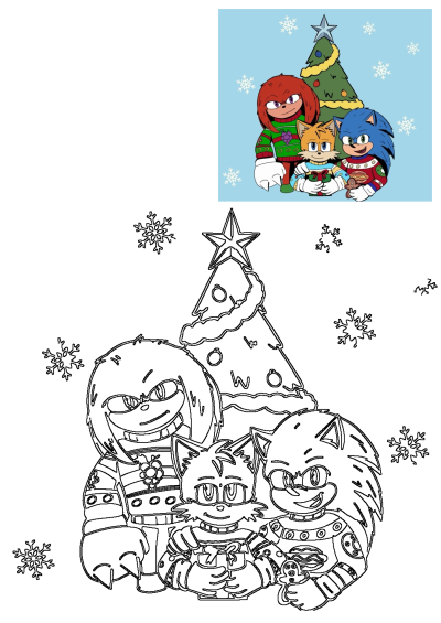 Sonic, Tails, and Knuckles celebrate Christmas around a festive tree, wearing holiday sweaters and holding gifts and a gingerbread man amidst falling snowflakes.