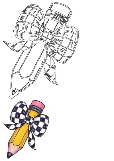 Pencil clipart featuring both a vibrant yellow pencil with a checkered bow and an outline version, ideal for school projects.