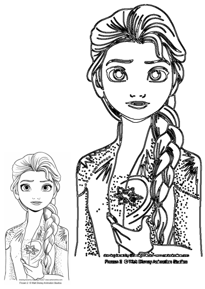 Printable outline of Elsa from Frozen 2, showing the Disney Princess with her braided hair and snowflake pendant, for kids to color.