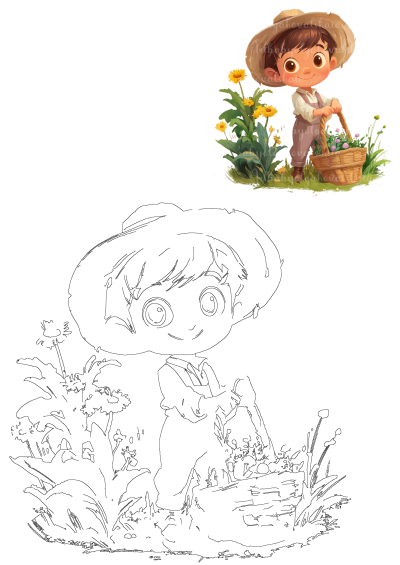 Cute boy in a straw hat with a flower basket amidst garden flowers. Includes a black and white outline for creative coloring.