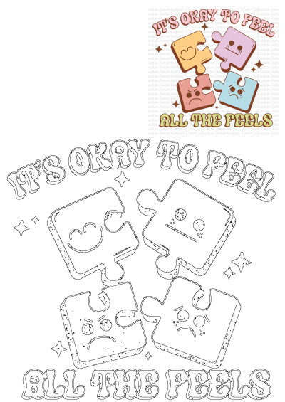 Its Okay To Feel mental wellbeing art with puzzle pieces showing diverse emotions (happy, neutral, angry, sad) & 'All The Feels' message.