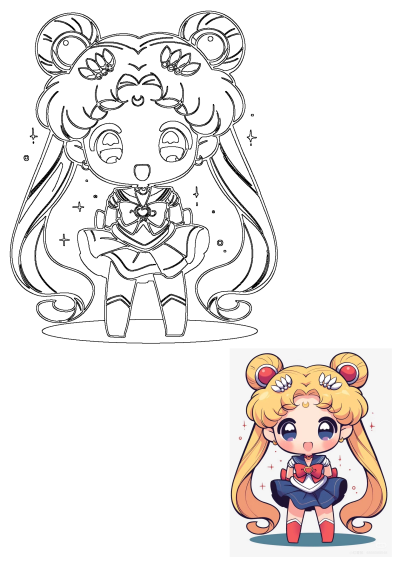Adorable Chibi Sailor Moon anime character digital art illustration, showcasing her iconic sailor fuku, odango hair, and cheerful expression. Includes line art.