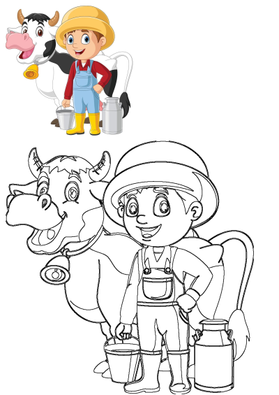 A cheerful cartoon farmer boy in overalls and a hat holds a milk bucket, standing beside a happy cow and a milk can.