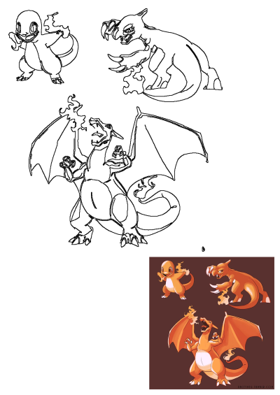 Detailed depiction of Charmander, Charmeleon, and Charizard evolution stages, shown as line art and cartoon characters.
