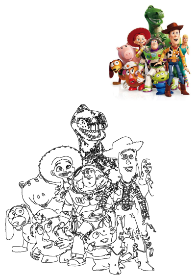 The main Toy Story characters like Woody, Buzz, and Jessie in a vibrant group pose, alongside a black and white outline drawing, all on a white background.