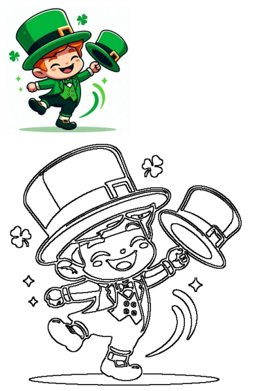 A happy cartoon leprechaun in a green suit and top hat celebrates St. Patrick's Day, dancing joyfully with shamrocks and sparkles.