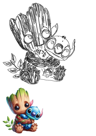 Adorable Baby Groot embraces Stitch in a sweet friendship hug. This artwork showcases both a detailed outline and a vibrant, colorful illustration.