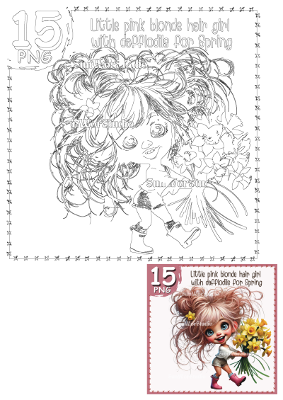 Cute little pink blonde hair girl with big eyes holds a large bouquet of yellow daffodils, ideal spring flower PNG clipart.