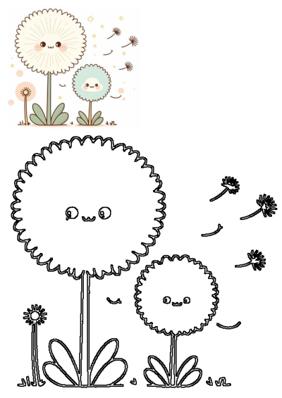 Cute kawaii dandelion flowers with smiling faces, shown as both a vibrant illustration and a black outline drawing with floating seeds.