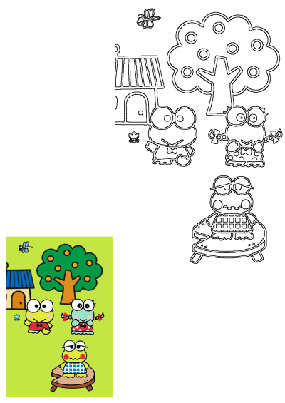 Keroppi cartoon frogs playing by a house and apple tree, with a dragonfly flying overhead. One frog sits on a grill.