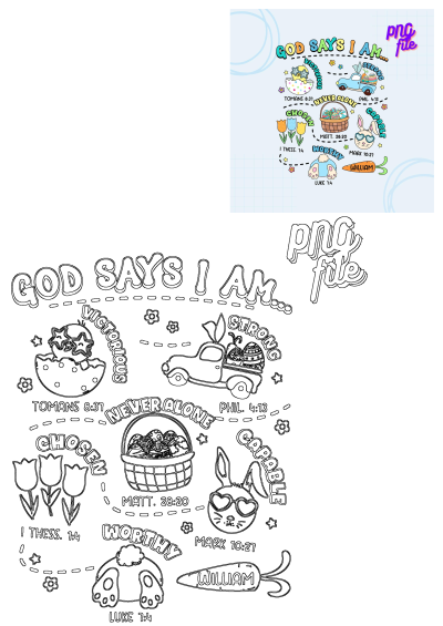 God Says I Am Victorious Strong Never Alone Chosen Easter design. Affirmations with Bible verses, cute chicks, bunnies, eggs. Color & outline.