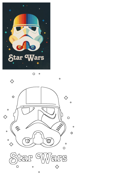 A vibrant retro-style Star Wars poster featuring a Stormtrooper helmet in a rainbow gradient against a dark, starry background.