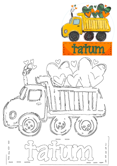 A cute cartoon yellow dump truck with hearts, alongside its black outline version, featuring the name Tatum. Perfect for kids.