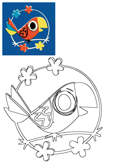 Vibrant orange bird illustration with colorful flowers on a blue background, perfect for a cheerful design or as a coloring page.