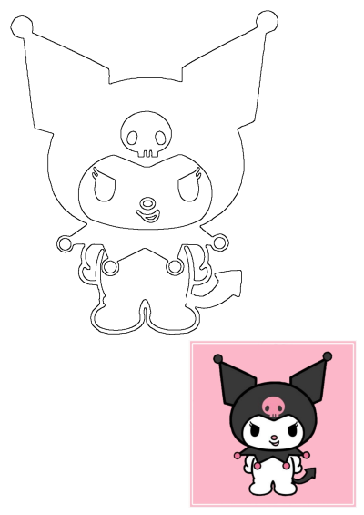 Kuromi Cartoon Character With Skull in outline form. This black and white drawing features Kuromi's jester hood and devil tail.