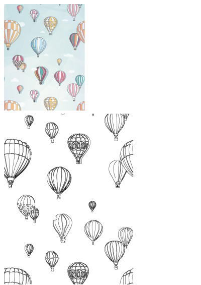 A vibrant illustration pattern featuring numerous colorful hot air balloons floating across a serene light blue sky with subtle clouds.