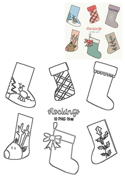 Christmas stockings PNG files with reindeer, snowflake, plaid, and holly designs, in both colored and outline versions.