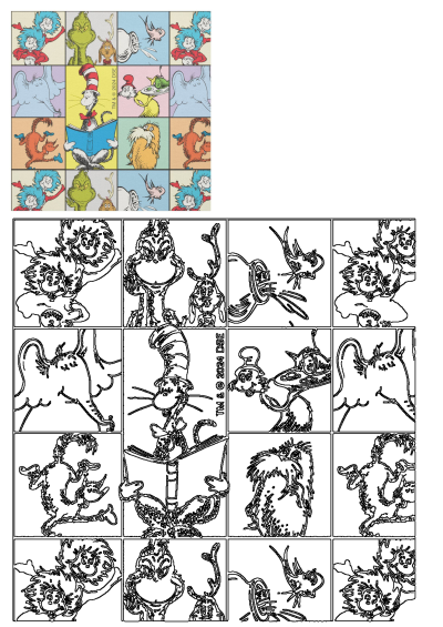 Colorful grid of Dr. Seuss characters like Cat in the Hat, Grinch, Horton, and Things 1 & 2 on a multi-colored background, plus outline versions below.