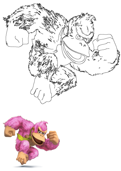 Pink Donkey Kong Nintendo character in a dynamic flying pose, wearing a green bandana, alongside a Donkey Kong outline sketch.