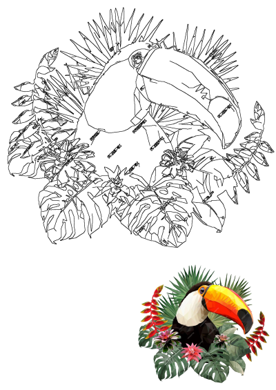 An exotic toucan bird illustration, richly detailed with lush tropical foliage like palm leaves and vibrant jungle flowers.