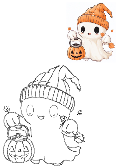 A cute ghost with a pumpkin lantern and knitted hat, presented as both a vibrant illustration and a ready-to-color outline.