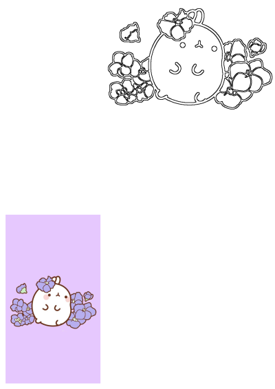 Cute Molang rabbit cartoon with purple violets. Features a vibrant version on a lavender background and a charming black outline drawing.