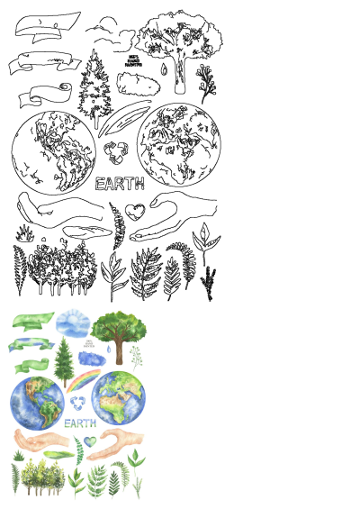 Watercolor and line art elements for ecology and conservation: Earth, trees, leaves, hands, recycle symbol. Perfect for environmental themes.