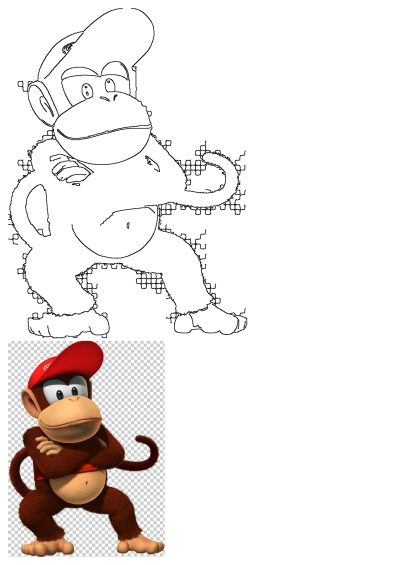Diddy Kong, the cartoon monkey in a red baseball cap, depicted as both a vibrant full-color render and a detailed black outline.