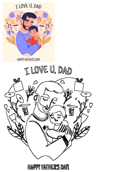 Heartwarming illustration of a father lovingly embracing his son, framed by flowers and gifts, celebrating Father's Day.