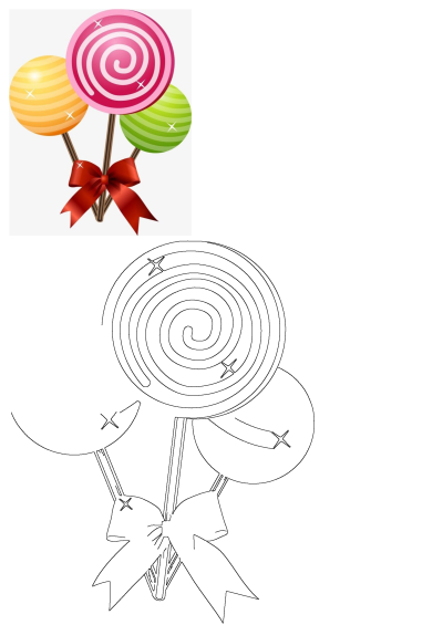 Three colorful lollipops, one pink spiral, one orange striped, one green striped, tied with a red bow, presented with an outline drawing.