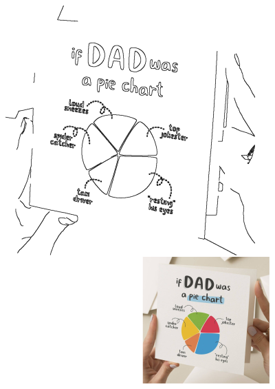 Funny Father's Day card with a colorful pie chart of dad's traits: loud sneezes, spider catcher, taxi driver, top jokester, 'resting' eyes.