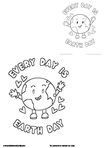 A cute, smiling Earth character with "Every Day Is Earth Day" text and hearts. Perfect for kids' activities and environmental awareness.