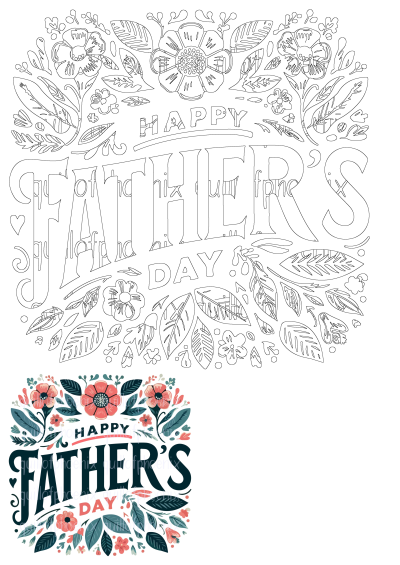 A decorative Happy Father's Day card design featuring stylized typography and an intricate border of flowers and botanical leaves.