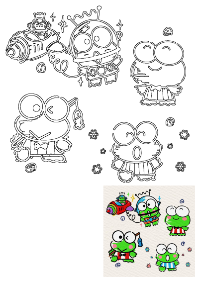 Adorable cartoon frog and alien characters illustration showcasing different expressions and outfits. Includes a frog alien in a spaceship.