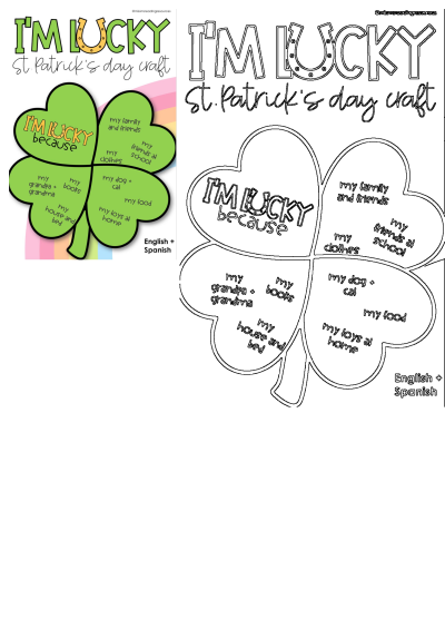 St. Patrick's Day lucky shamrock craft for kids, featuring "I'm Lucky because" prompts for gratitude in English and Spanish.