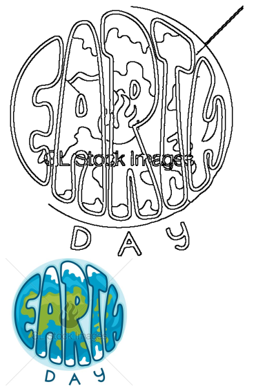 Earth Day poster design featuring the word EARTH forming a globe. Includes both a black and white outline and a colorful blue and green version with DAY below.