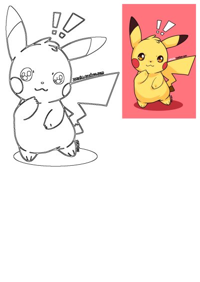 Cute cartoon Pikachu looking surprised with exclamation marks, depicted in a vibrant color image and line art.