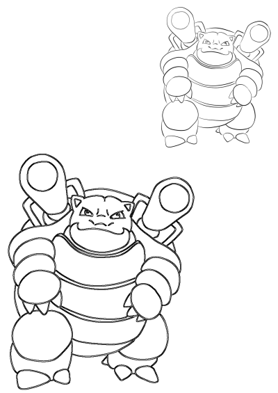 Two outline drawings of an angry Blastoise, presented in a cartoon, Angry Birds-like style, perfect for coloring.