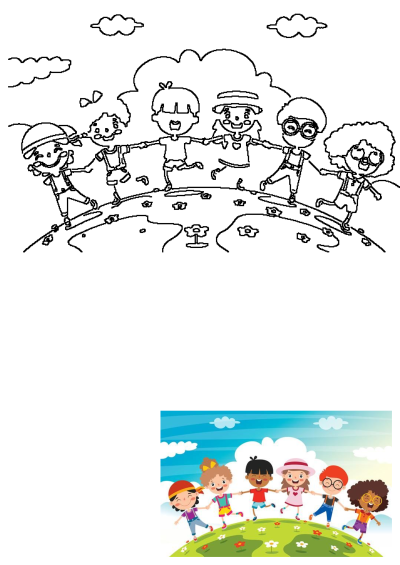 Black and white outline of happy, diverse cartoon children holding hands around the Earth, symbolizing global friendship.