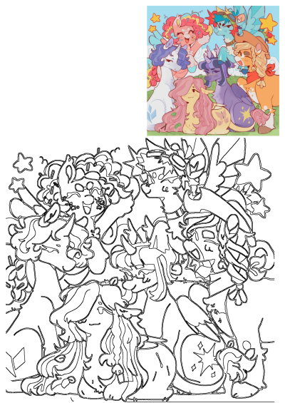 An engaging outline of My Little Pony cartoon characters sharing friendship and happiness under a sky filled with stars.